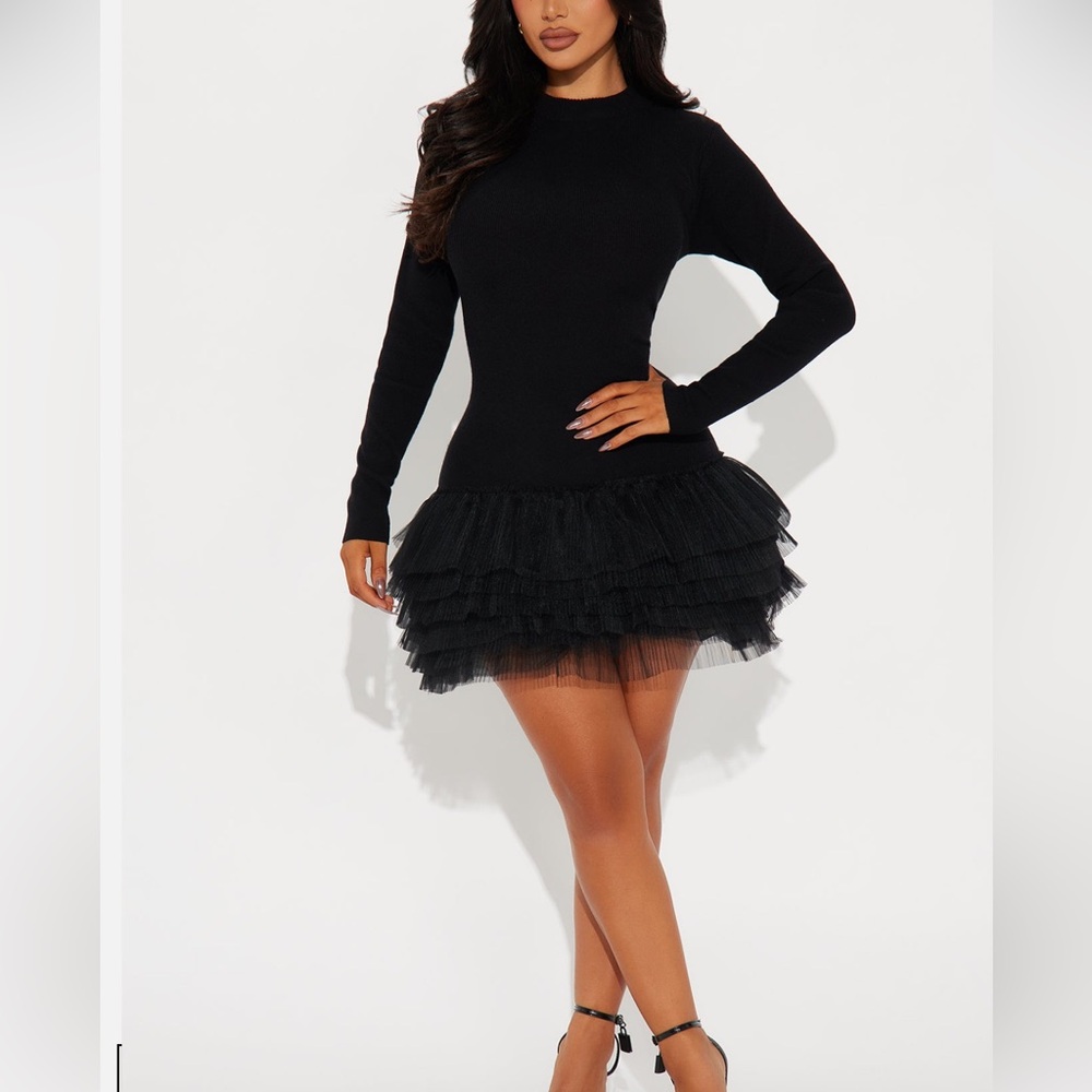 Black Drop Waist Sweater Mini Dress
